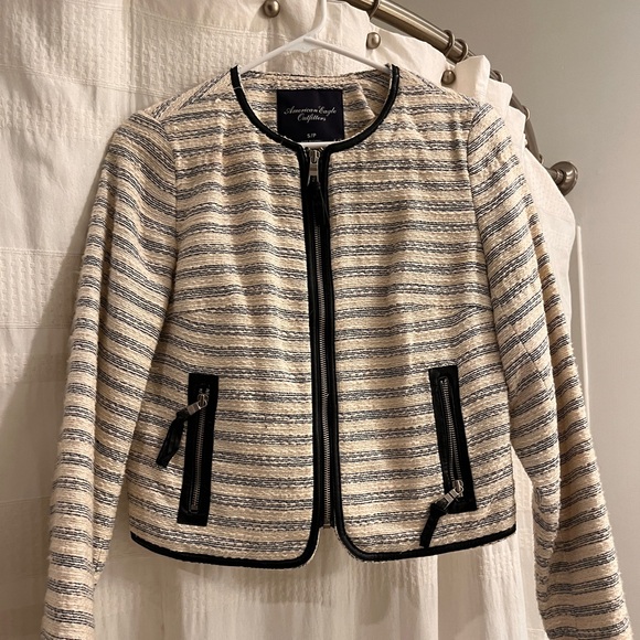 Tweed boucle blazer with leather trim details - Picture 1 of 7